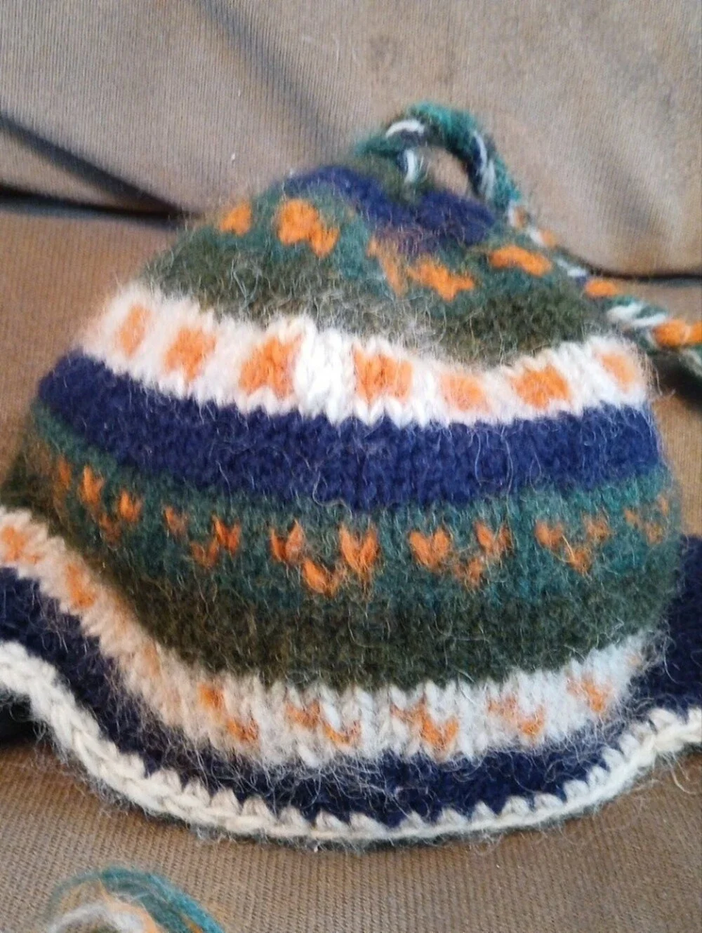 Hand-Knit Multicolor Wool Earflap Hat - Green, Navy & Orange With Braided Tassel